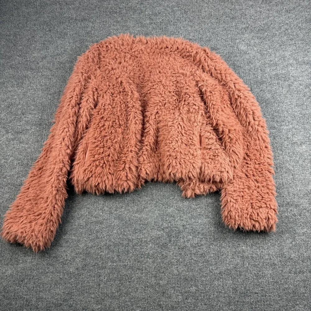Billabong Jacket Womens Large Pink‎ Faux Fur Shaggy Cropped Open Front Lined
